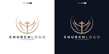 Church Logo. Bible, Jesus' Cross And Angel Wings. Wings Church Logo Design Icon.
