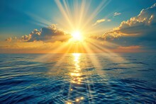 A Lifestyle Stock Photography Of Beaming Sun Over Ocean, Water Cycle In Action With Evaporation And Clouds Forming. Vivid Blues, Golden Sunlight. High Angle, Wide Shot Of Ocean And Sky