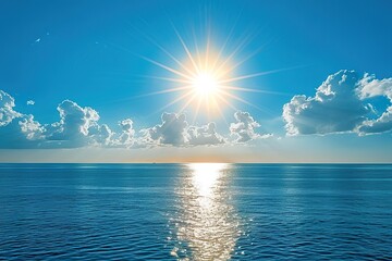 Sticker - a lifestyle stock photography of Beaming sun over ocean, water cycle in action with evaporation and clouds forming. Vivid blues, golden sunlight. High angle, wide shot of ocean and sky