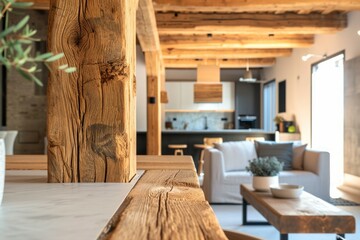 Wall Mural - Exposed wooden beams and industrial-inspired elements in a modern living area. Interior design of a loft-style space with a close-up view, featuring a perfect blend of urban and natural elements.