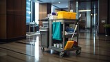 Fototapeta  - Professional janitorial cart stocked with cleaning supplies in corporate office setting