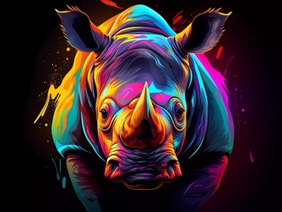 Poster - rhino illustration in abstract, rainbow ultra-bright neon artistic portrait graphic highlighter lines on minimalist background. generative ai