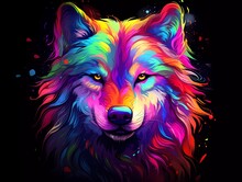 Wolf Illustration In Abstract, Rainbow Ultra-bright Neon Artistic Portrait Graphic Highlighter Lines On Minimalist Background. Generative Ai