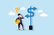 © B Design - Money decision, investment choice or option to make profit, buy or rent, pay off debt or invest, select best earning asset, confused businessman investor hold money coin choose dollar direction signs.