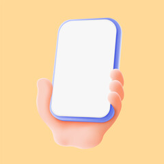 3D Cartoon hand holding smartphone isolated on yellow background, Hand using mobile phone mockup. 3d vector