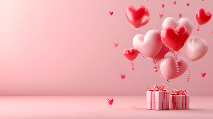 Wall Mural - valentines day concept 3d heart shaped balloons flying with gift boxes on pink background. love conc