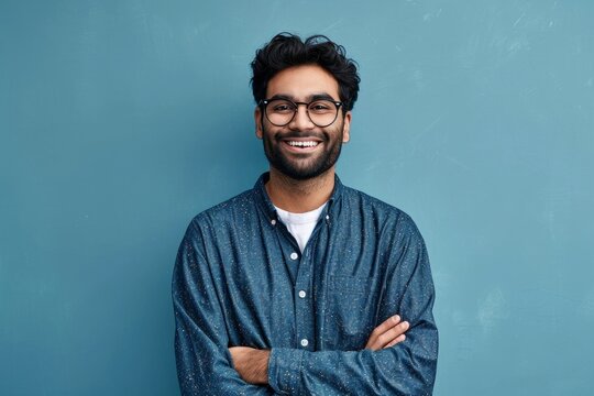 smiling confident arab young man, male student, professional employee or programmer standing isolate