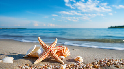 Wall Mural - cute starfish and seashell on the summer beach in the water