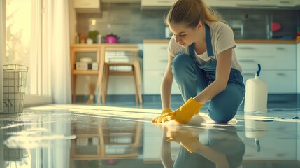Sticker - Young woman cleaning floor with rag and spray in kitchen at home.