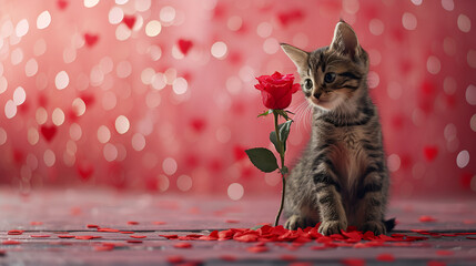 Wall Mural - valentine's day card beautiful kitty holding a red rose on a pink background and golden bokeh with space for text