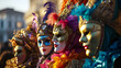people in carnival costumes and masks at the Venetian carnival close-up with space for text, banner for the Venice carnival with place for text