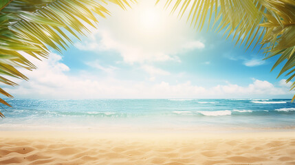 Wall Mural - summer background with frame nature of tropical golden sand beach close-up, sea water, blue sky.