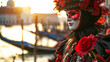 a man in a red and black carnival costume and mask at the Venetian carnival with a red rose in his hand against the background of a river and gondolas
