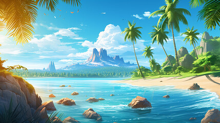 Wall Mural - sunny tropical beach with palm leaves and paradise island