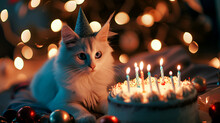 Birthday Card White Kitten In A Cap And A Pink Suit With A Cake On A Background Of Balloons And Bokeh