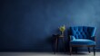 © Ashi - Elegant royal blue chair and table ensemble against a stylish charcoal wall with blank white frame – minimalist interior design concept