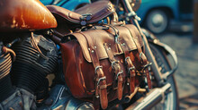 Leather Vintage Black Saddlebags For Custom Motorbike In The Side Back To Keep The Luggage To Go.