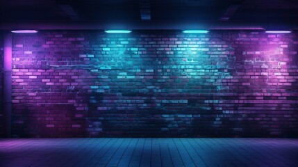Wall Mural - urban vibes: studio space with brick wall texture, blue & purple background, neon lights, laser beam