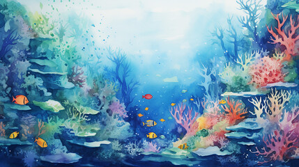 Wall Mural - hand painted watercolor background of underwater world