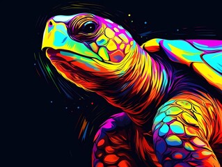 Wall Mural - turtle illustration in abstract, rainbow ultra-bright neon artistic portrait graphic highlighter lines on minimalist background. generative ai