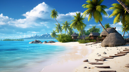 Wall Mural - sandy tropical beach with island on background and beautiful blue sky