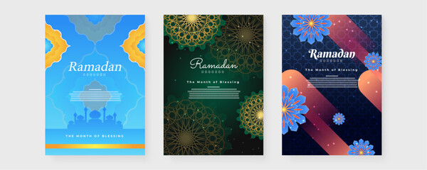 Wall Mural - Colorful colourful islamic ramadhan kareem greeting card template with ornament and asset. Ramadan background for banner, greeting card, poster, social media, flyer, card, cover, or brochure