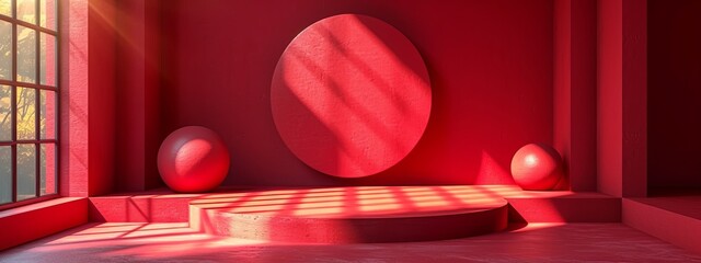 Wall Mural - Red background podium product stage studio 3d light display abstract stand award luxury. Podium platform room red background base wall pedestal scene show presentation shadow modern circle gold round