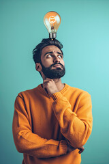 A thinking indian man with a lightbulb on his head