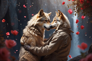 Wall Mural - a pair of Wolfs on a romantic background