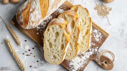 French baguette bread sliced on a wooden cutting board against a dark concrete background. Preparing the dinner table.