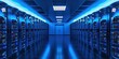 large, state-of-the-art data center with rows of servers and blue LED lights. Suitable for technology, innovation, and modern industry 