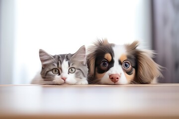 Cute little kitten and dog on home interior background