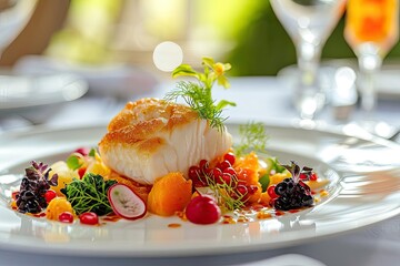 a gourmet meal beautifully plated featuring an array of vibrant fresh ingredients and artistic prese