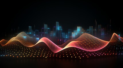 Wall Mural - vibrant, 3d, render, abstract, colorful, sound waves, dark background, dynamic, data, wave, points, 