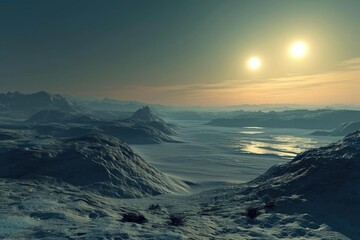 Wall Mural - alien planet landscape with twin suns on the horizon