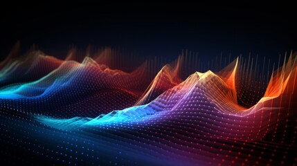 Wall Mural - vibrant, 3d, render, abstract, colorful, sound waves, dark background, dynamic, data, wave, points, 