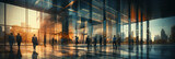 Fototapeta Londyn - Open lobby-office space. . Modern architecture. Lots of natural light. Office workers walking through office space wearing high-end expensive business suits. Blurred image. Motion blur