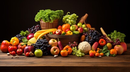 Wall Mural - A vibrant assortment of fresh fruits and vegetables on a wooden table