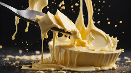 Wall Mural - butter splashes on black background, copy space