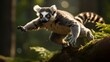 Playful ring-tailed lemur sprinting through the lush forest