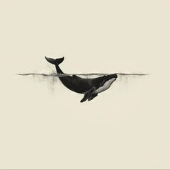 Wall Mural - Minimal beautiful drawn diving whale. Vintage retro vibes. Birth Card inspiration.