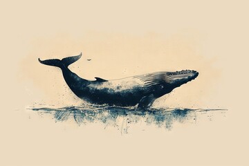 Wall Mural - Minimal beautiful drawn diving whale. Vintage retro vibes. Birth Card inspiration.