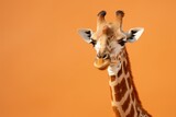 Fototapeta  - A giraffe, with its long neck and body, is seen against an orange background.