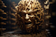 A gold sculpture of a man's face is seen surrounded by cubes, its intricate artwork resembling a tortured wooden face.