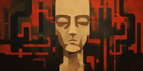 Wall Mural - A painting presents a stylized portrait of a man's face on a red background, resembling an android.