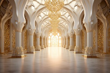 Ornate arches and intricate designs in gold and white for Mawlid