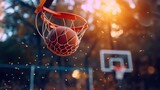 Fototapeta Sport - Scoring during a basketball game ball in hoop. ball goes through basket. man throwing the ball in hoop