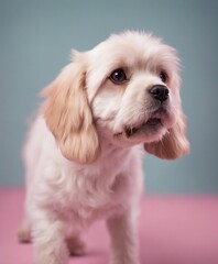 Wall Mural - Portrait of Cocker Spaniel puppy on pink and blue background