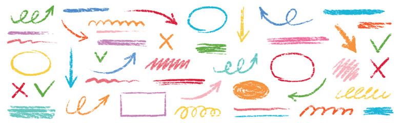 Aufkleber - Chalk scribble arrow, line brush set. Crayon arrow, underline, handwritten mark check elements. Vector hand drawn scribble crayon, marker color brush texture. Rough chalk vector illustration