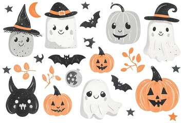 Wall Mural - Minimalism and abstract cartoon vector very cute kawaii halloween clipart, organic forms, desaturated light and airy pastel color palette, nursery art, white background.